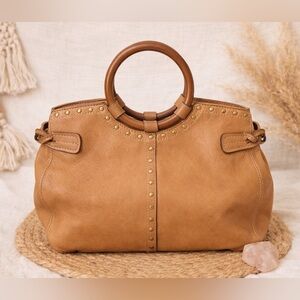 Fossil Tan Leather Satchel Ring Handle Bag | Studded Boho Top Handle